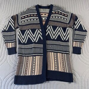 Falls Creek Cardigan Womens L/XL Navy Aztec Southwestern Knit Open Front